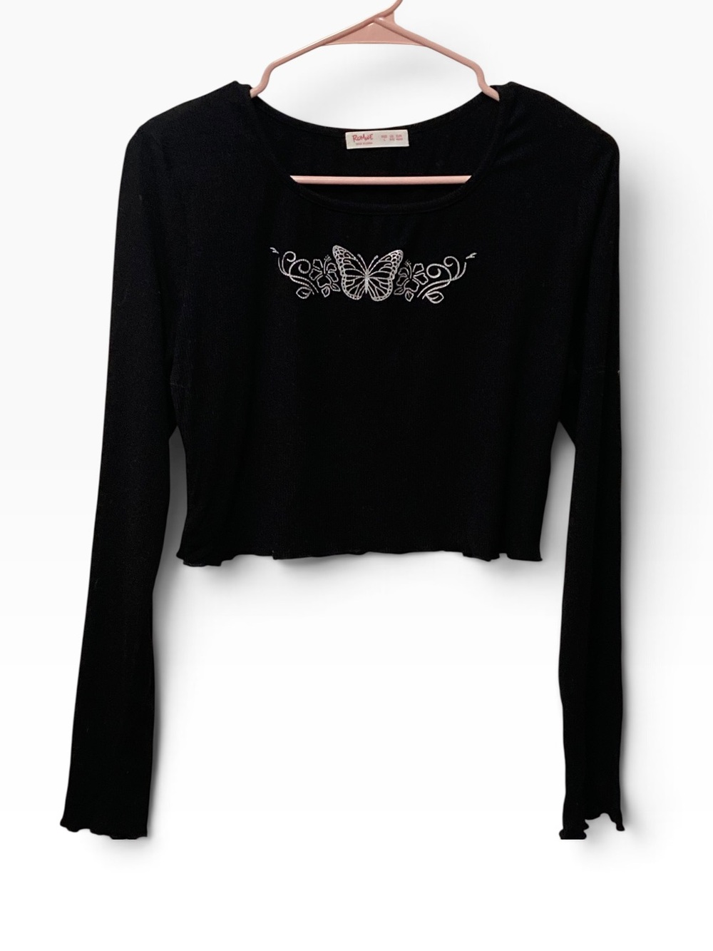 Romwe Y2K Black Long-Sleeve Butterfly Cropped Top
